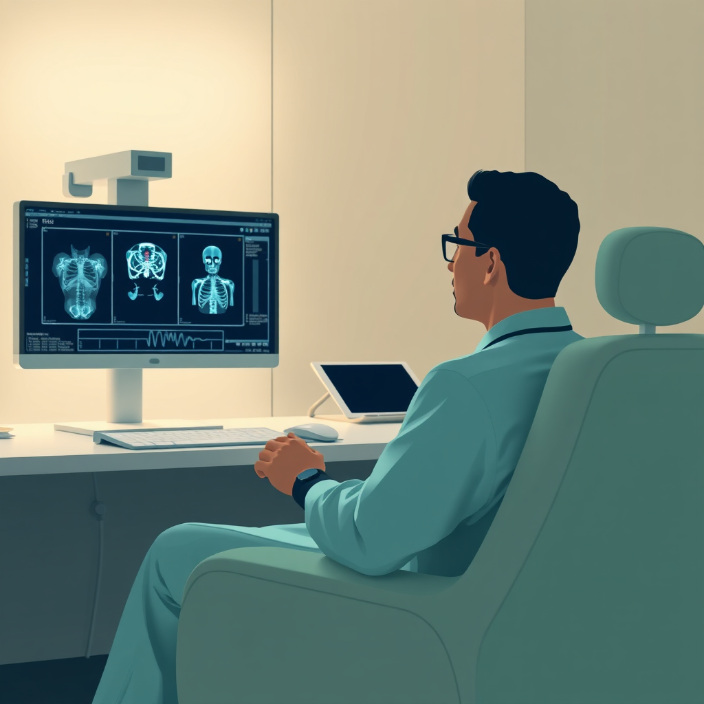 Create a stylized image of a radiologist comfortably viewing a BARCO medical display for an extended period. The scene should depict an ergonomic workspace with adjustable lighting and comfortable seating. Emphasize the radiologist's relaxed posture and focused attention. The color palette should be calming and soothing, using shades of green, blue, and beige. Use soft, diffused lighting to minimize glare and shadows. Style reference: Ergonomic workplace design.